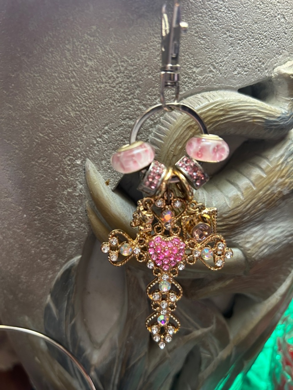 Gold Cross Keychain w/Pink Crystal Heart✝️💗